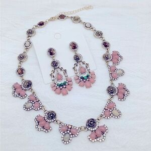Art Deco Inspired Pink and Gold Necklace and pierced Earring Set